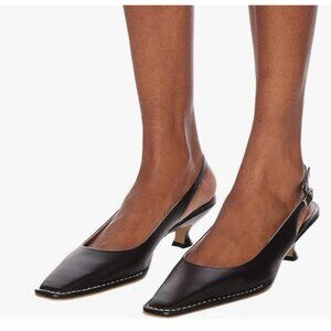 XYD Black Square Toe Kitten Pumps Low Heels Walking Slingback Sandals